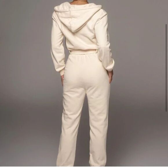 NWT JLUXLABEL Ivory Beige 100% Cotton Fleece Journey Jumpsuit Size Small - Picture 4 of 12